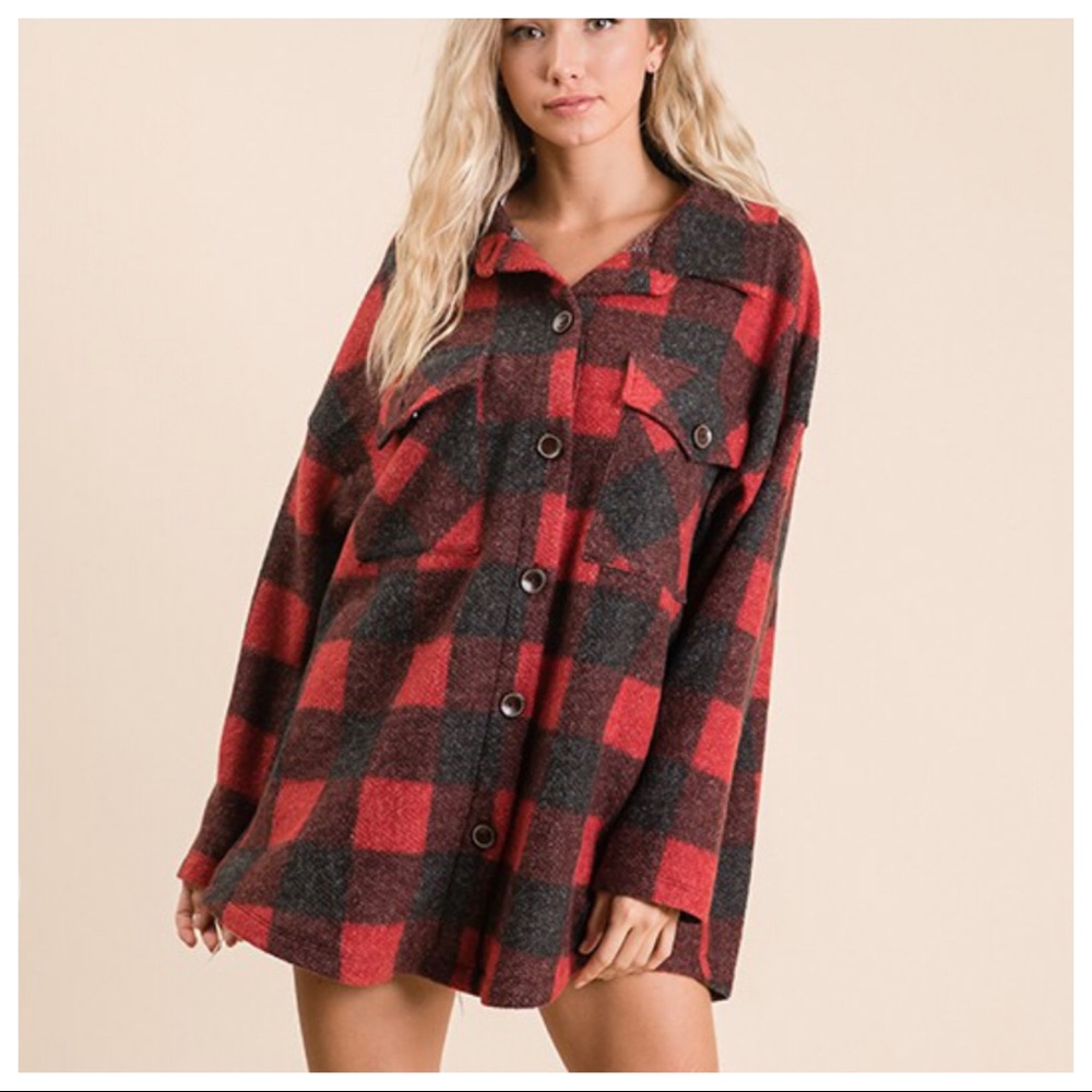 It’s All About The Buffalo Red Plaid Shacket Check Print Shirt Top Jacket - Picture 3 of 7